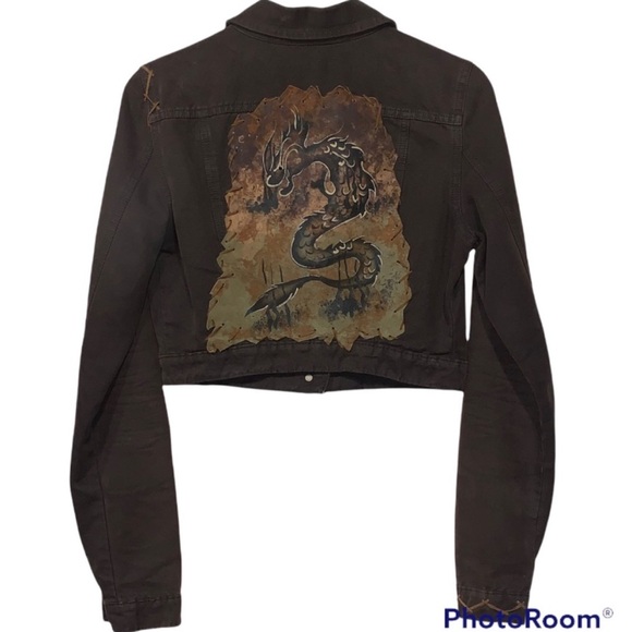 eclectic mood Jackets & Blazers - Vintage Cropped Dragon Patch Denim Jacket Brown 42